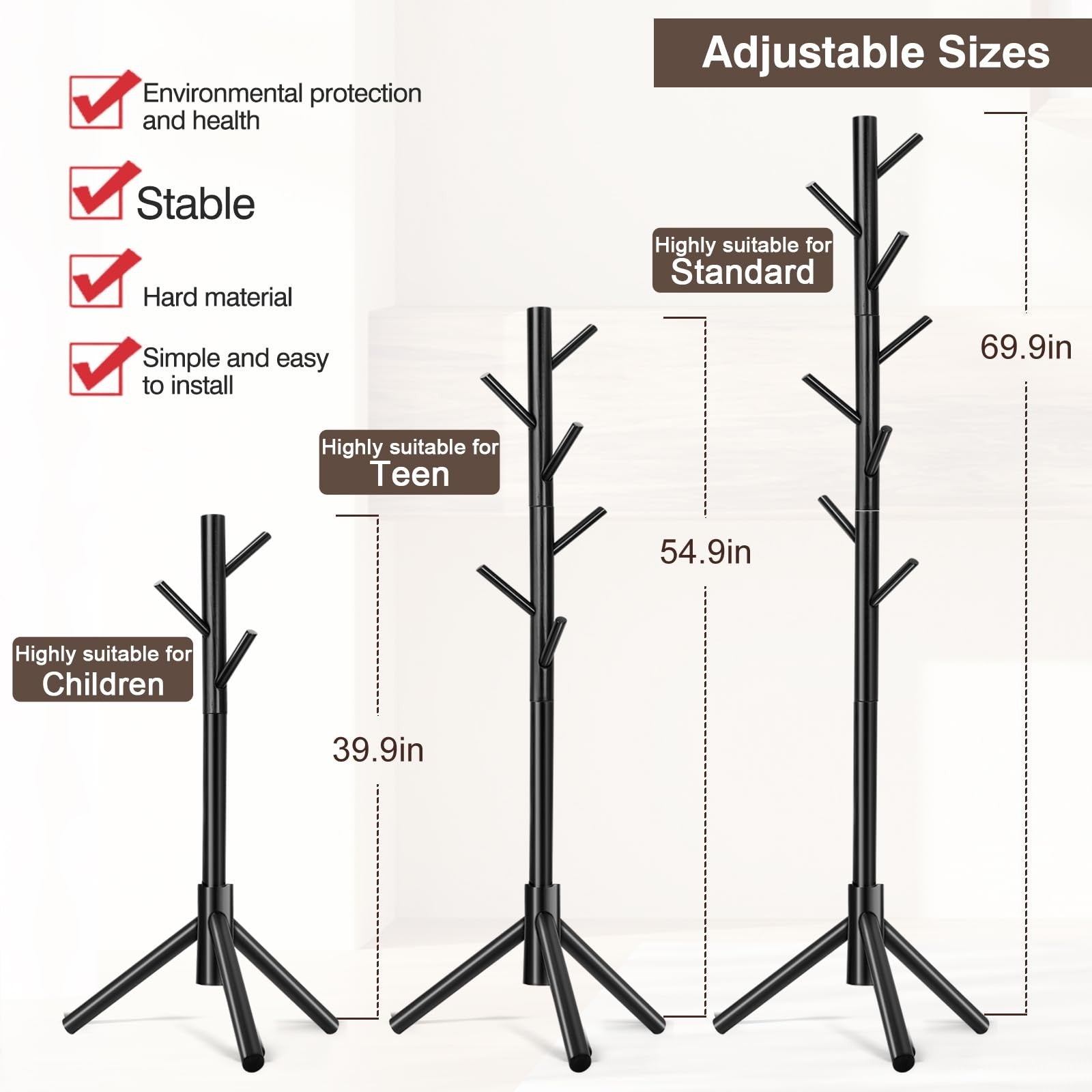 Coat Rack, Freestanding , with 8 Hooks and 3 Adjustable Size Tree Coat Racks
