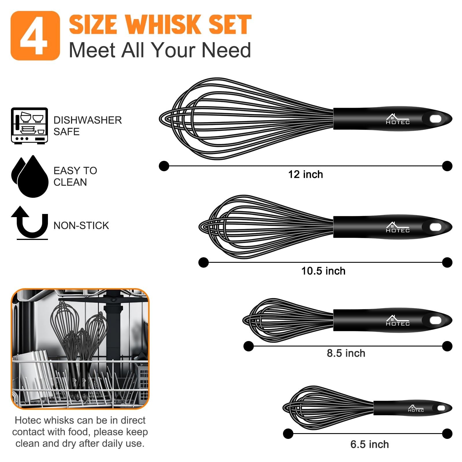 HOTEC 4PC Silicone Whisk Set Heat Resistant Nonstick Safe Kitchen Tools
