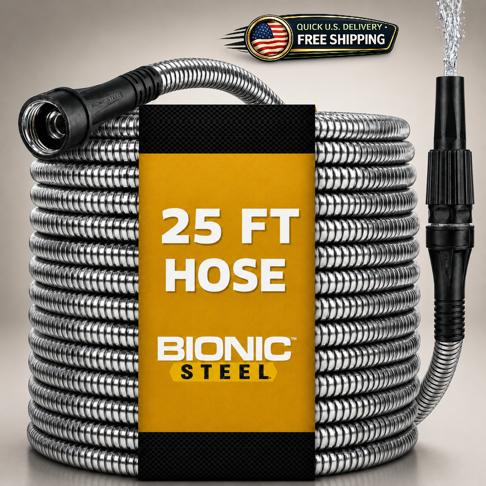 BIONIC STEEL 25 ft x 5/8" Metal Garden Hose w/Sprayer Nozzle 500 PSI SS