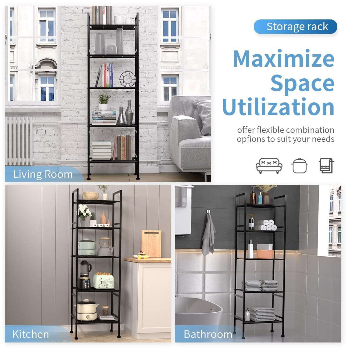 5 Tier Metal Storage Shelf Rack Narrow Shelving Unit Pantry Kitchen Organizer
