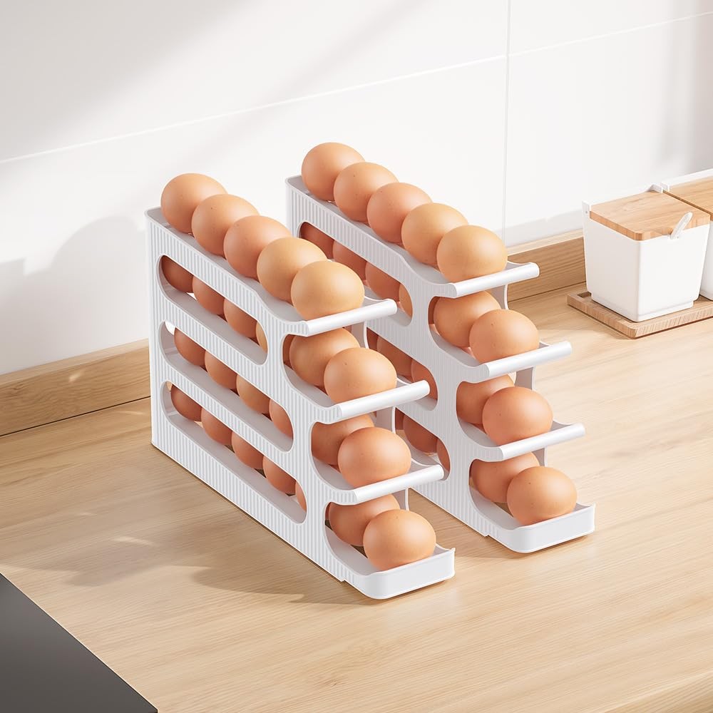24-Egg Auto Rolling Egg Holder for Fridge 4-Tier Slim Refrigerator Organizer