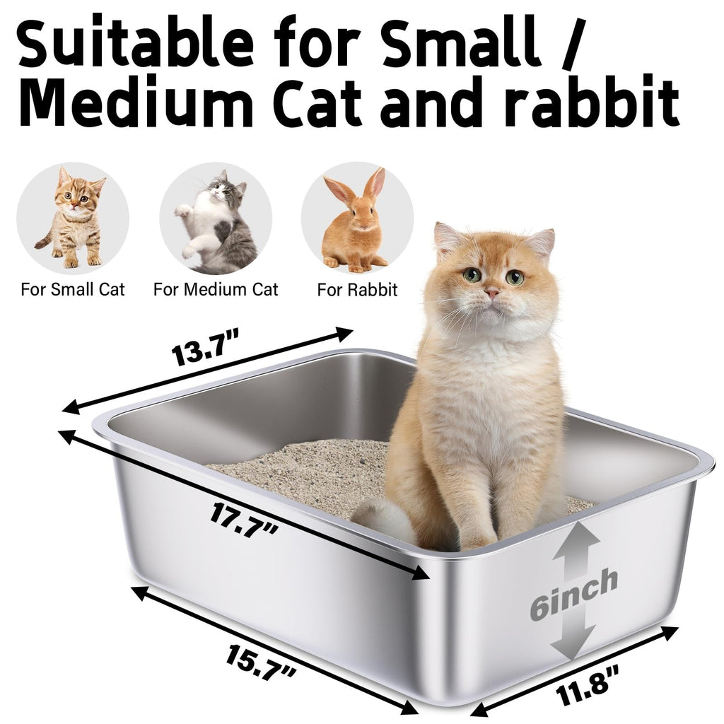 Stainless Steel Cat Litter Box 17.7"x13.7"x6" Non Stick Odor Control Indoor