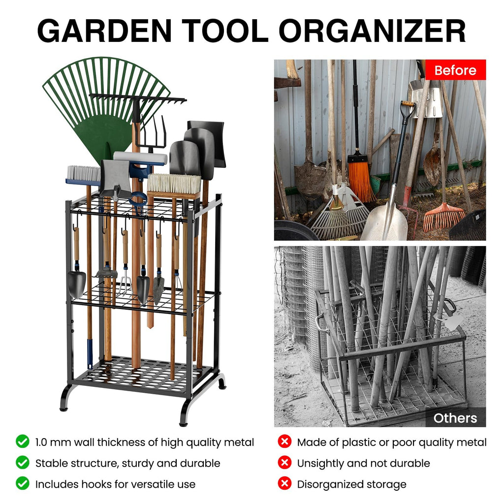 Garden Tool Storage Rack Holds 35 Yard Tools Metal Organizer w Hooks