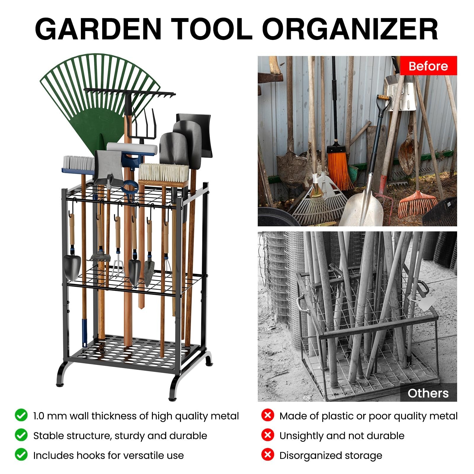 Garden Tool Storage Rack Holds 35 Yard Tools Metal Organizer w Hooks