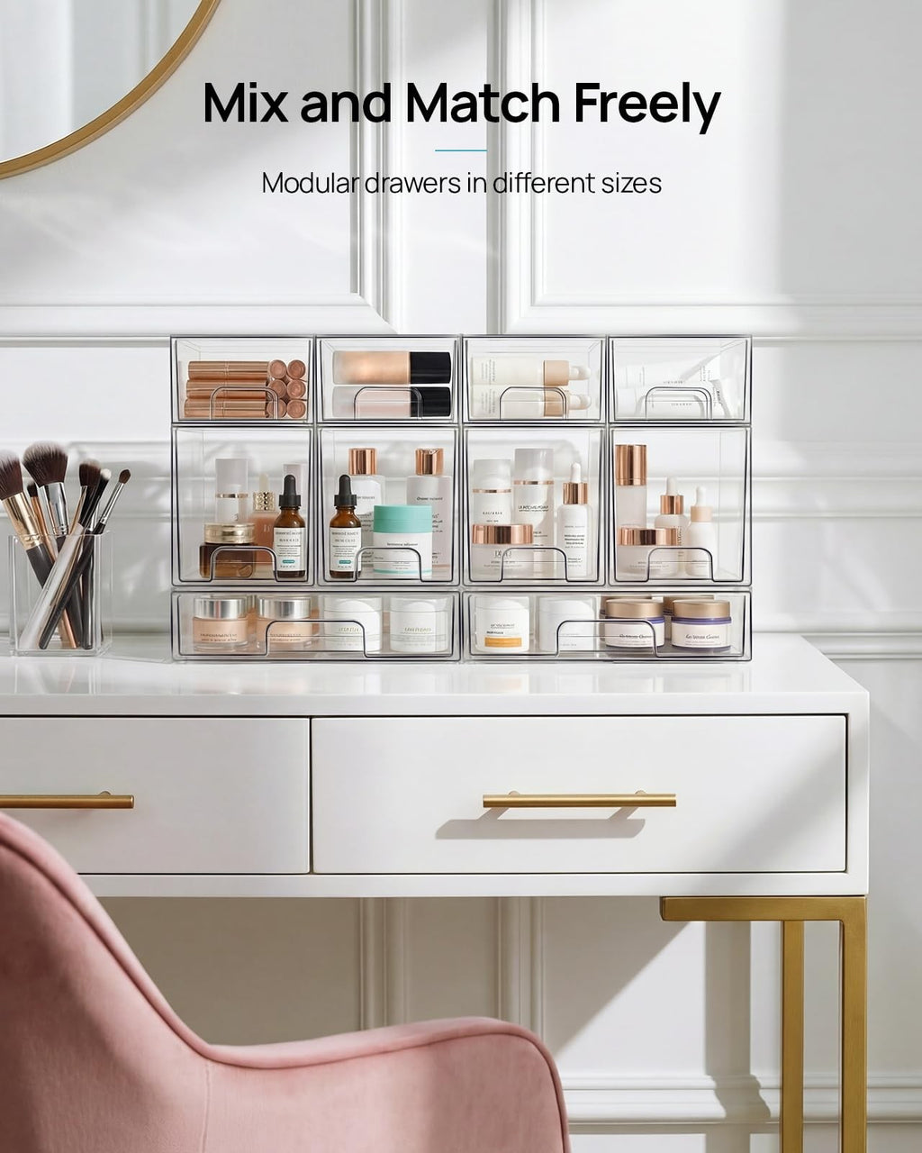 4 Pack Small Clear Stackable Storage Drawers, Acrylic Bathroom Makeup Organizer
