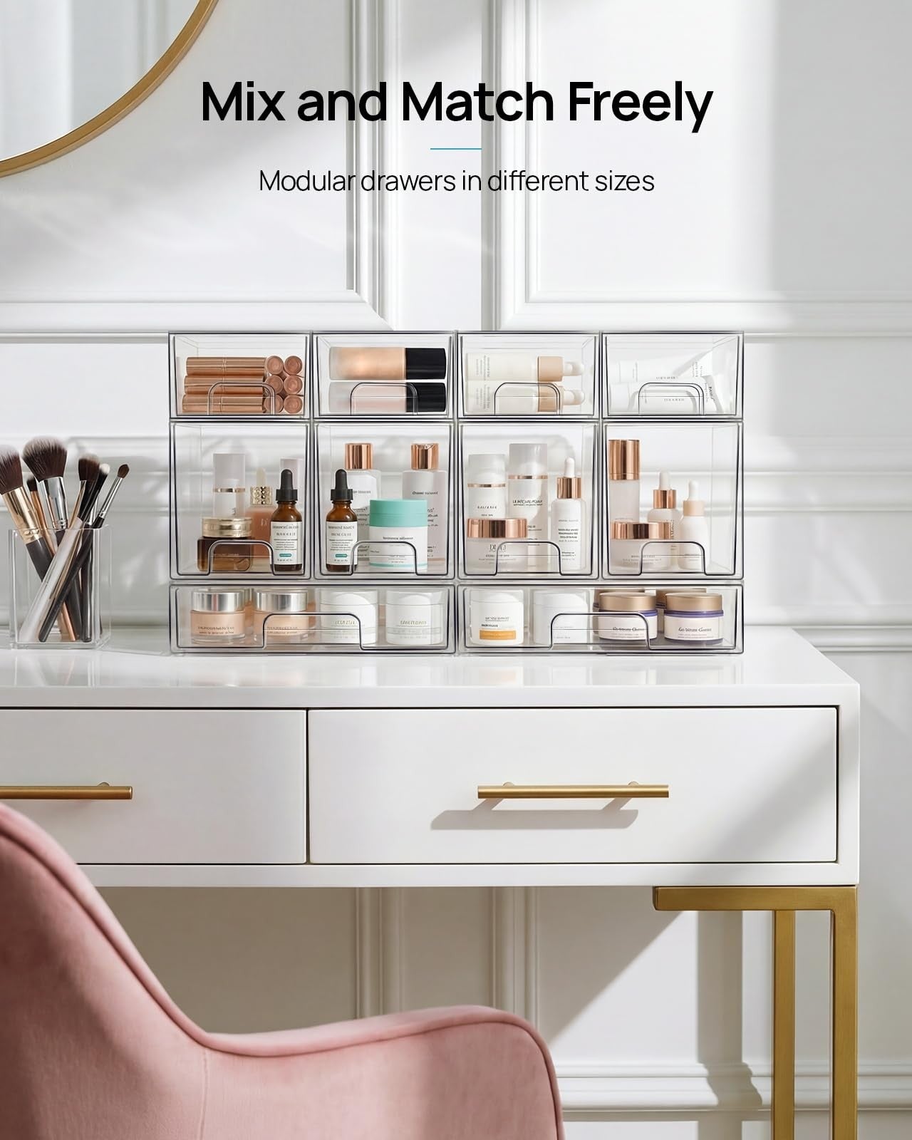 4 Pack Small Clear Stackable Storage Drawers, Acrylic Bathroom Makeup Organizer