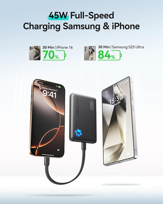 INIU Portable Charger, Ultra Slim 45W Fast Charging with Attached USB C Cable,