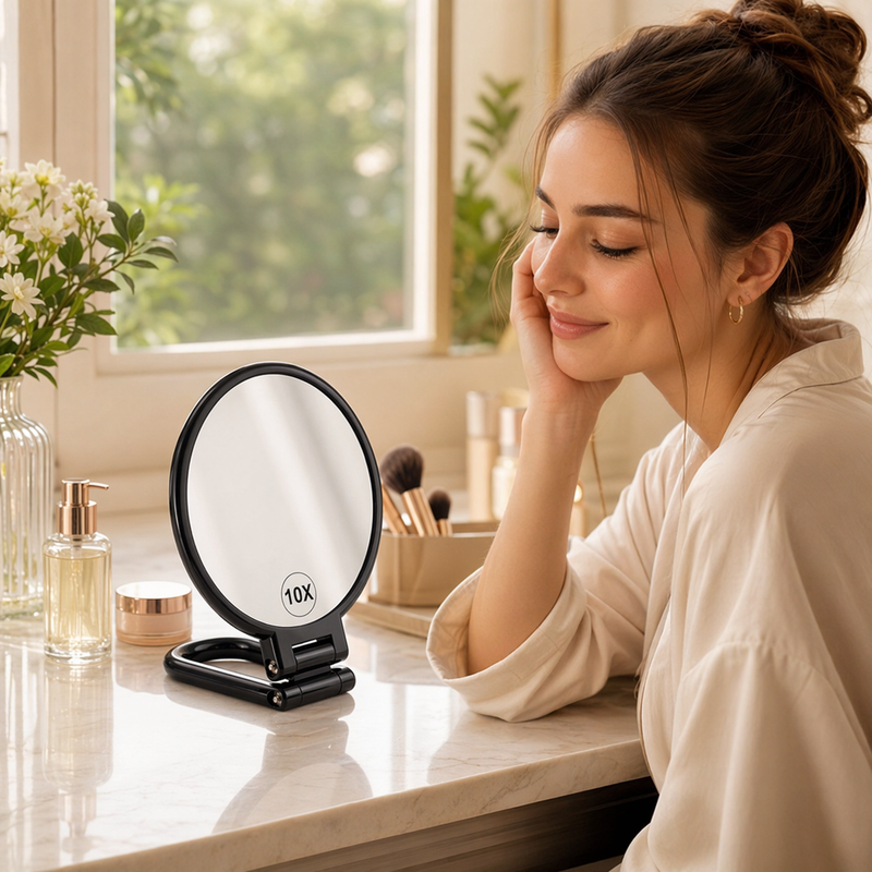 BOOMIBOO Handheld Magnifying Mirror 10X Foldable Travel Makeup Desk Vanity Black