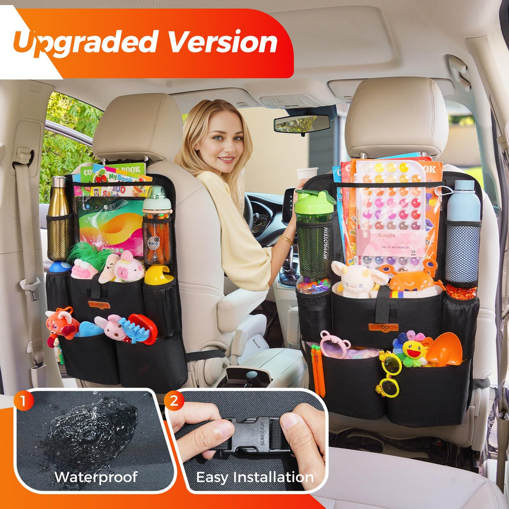 Car seat Organizer with 11-inch Tablet Holder 8 Pockets- Protector for Road Trip