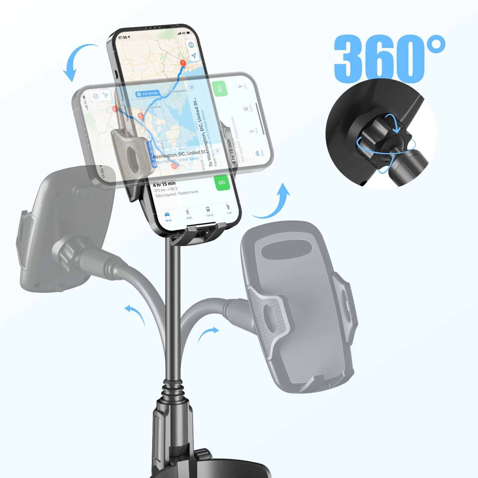 Cup Holder Phone Mount 8in Gooseneck Fits 2.5-4.5in Cup Holders 4-7in Phones