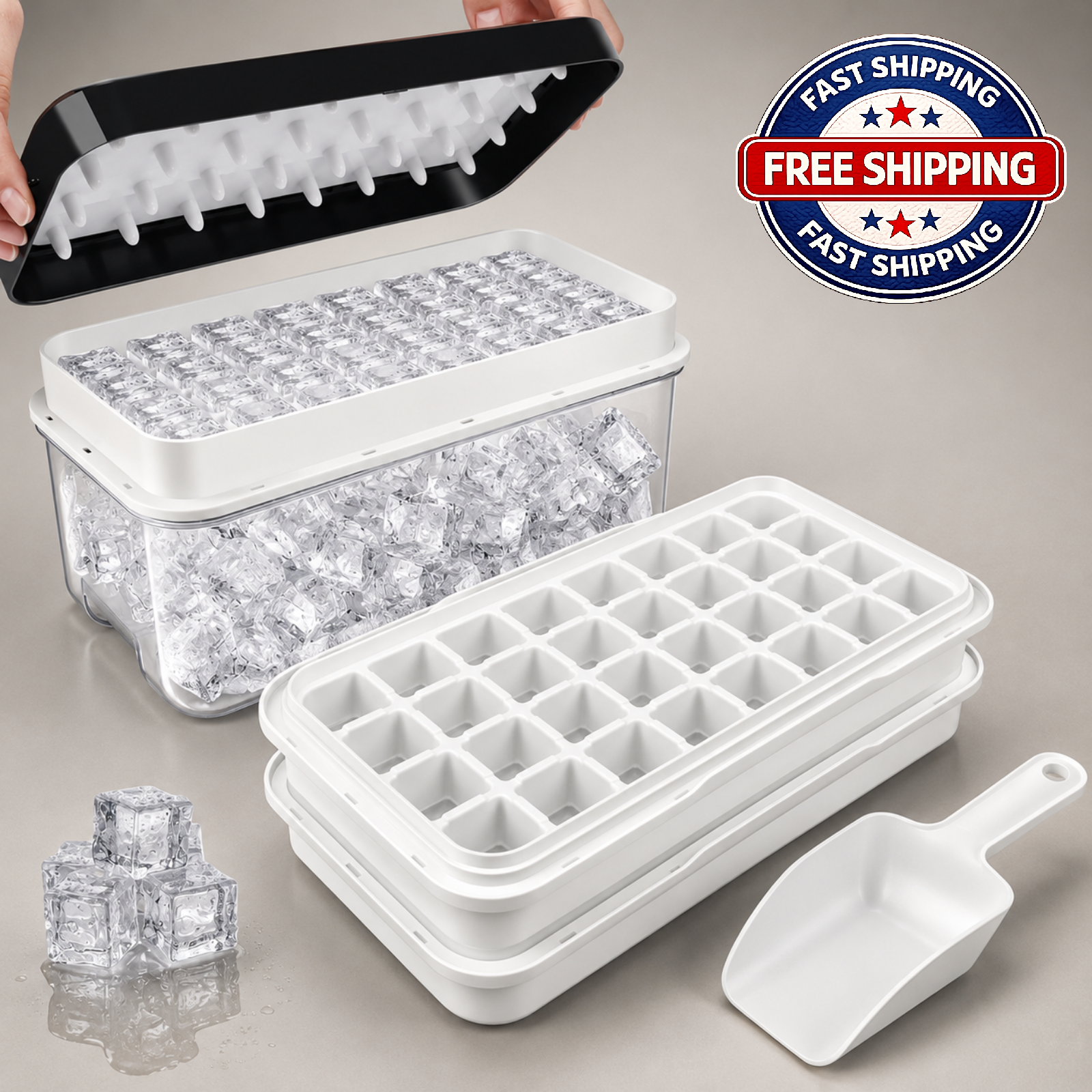 Ice Trays for Freezer with Lid & Bin, Ice Cube Tray Making 64 pcs Ice Cubes.