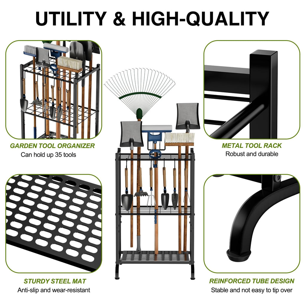Garden Tool Storage Rack Holds 35 Yard Tools Metal Organizer w Hooks
