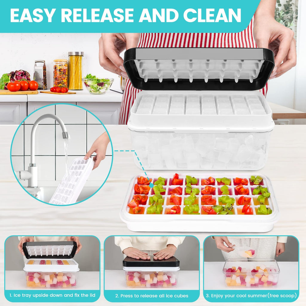 Ice Trays for Freezer with Lid & Bin, Ice Cube Tray Making 64 pcs Ice Cubes.