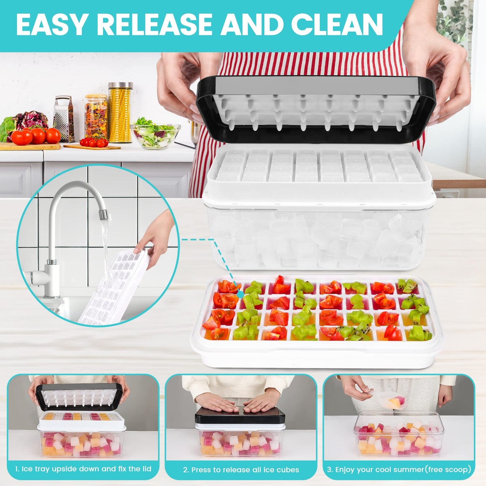 Ice Trays for Freezer with Lid & Bin, Ice Cube Tray Making 64 pcs Ice Cubes.
