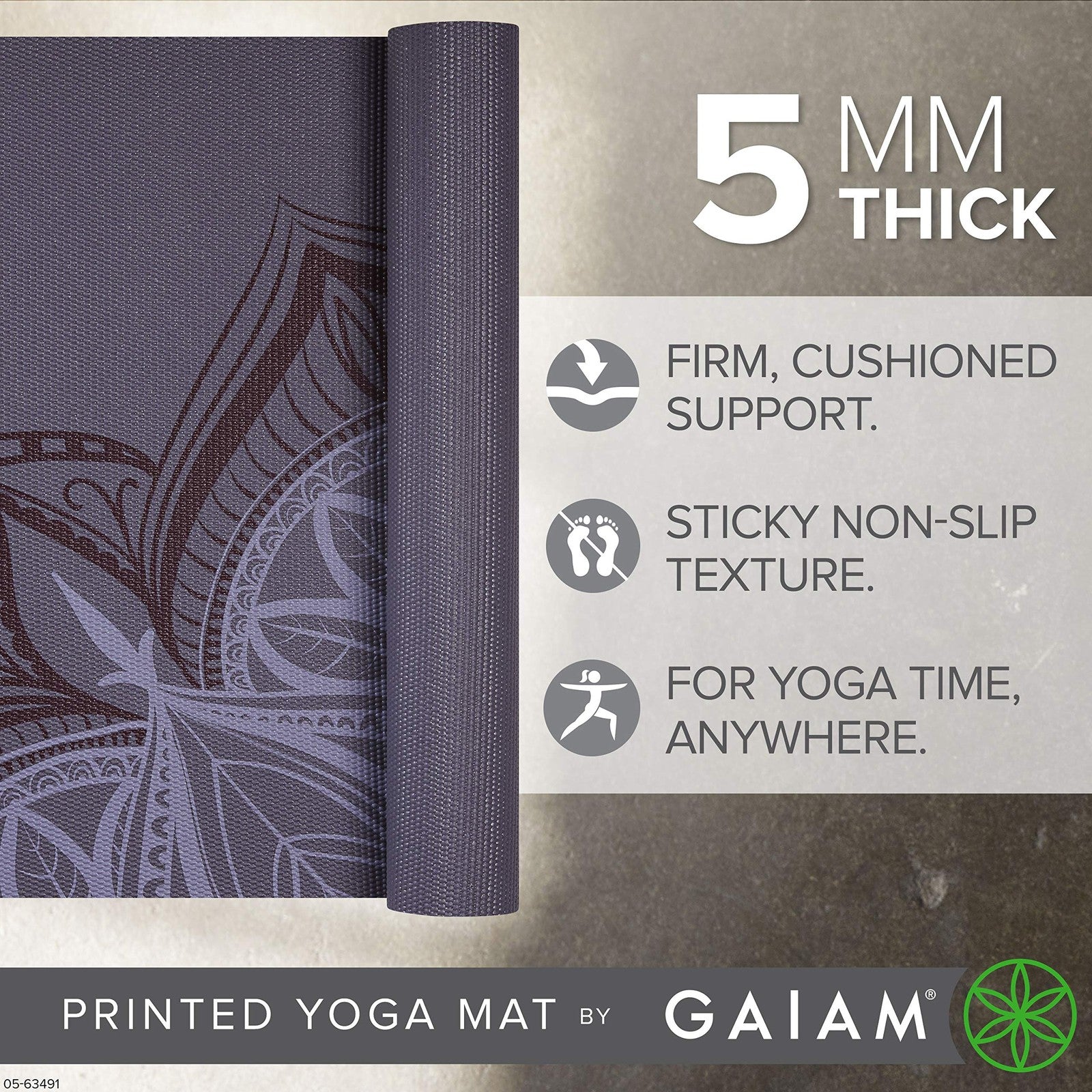 Gaiam Yoga Mat 5mm Non-Slip Yoga Mat 68×24 Exercise Mat for Yoga Pilates Workout