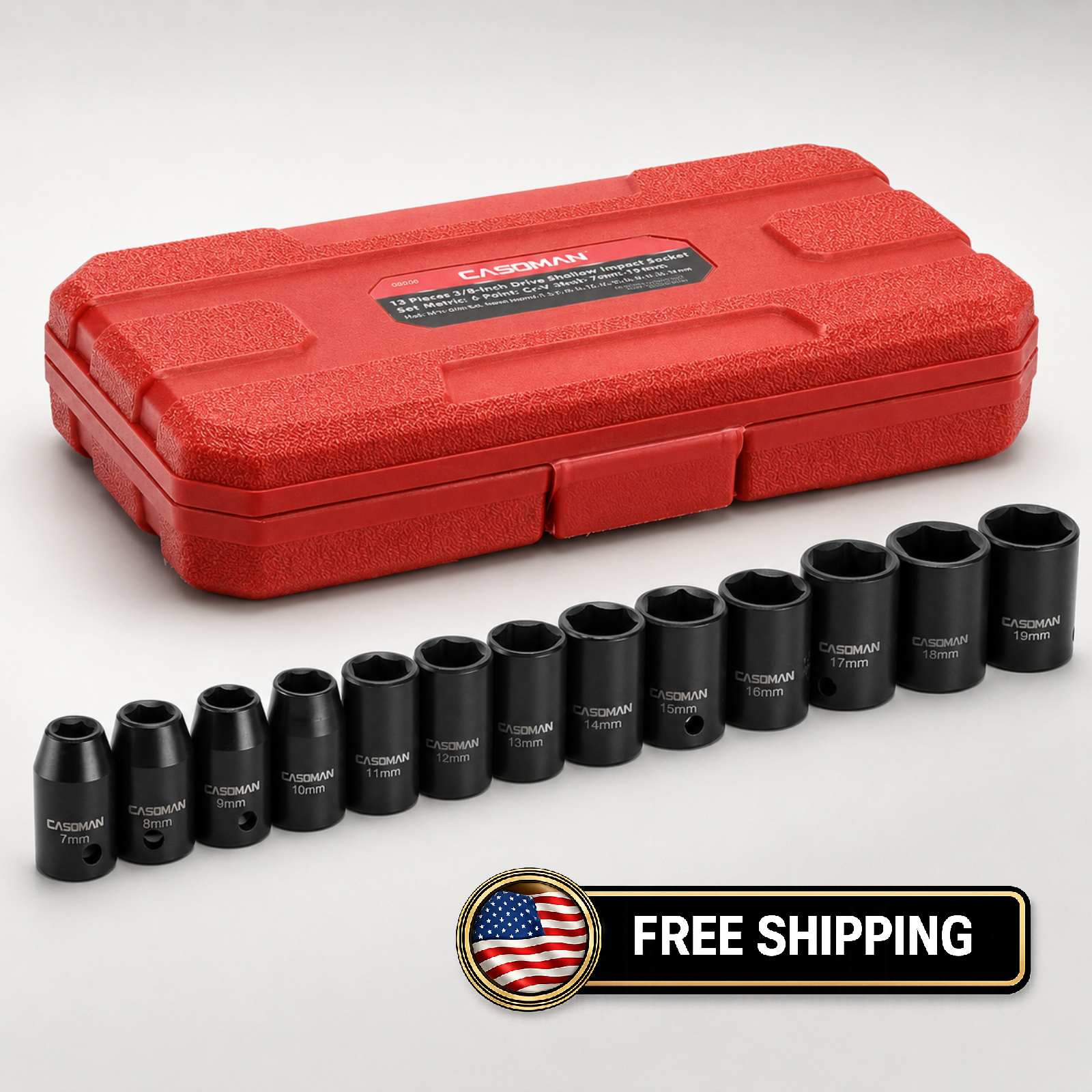 CASOMAN 13 Pieces 3/8-Inch Drive Impact Socket Set  6-Point, Metric, Shallow,