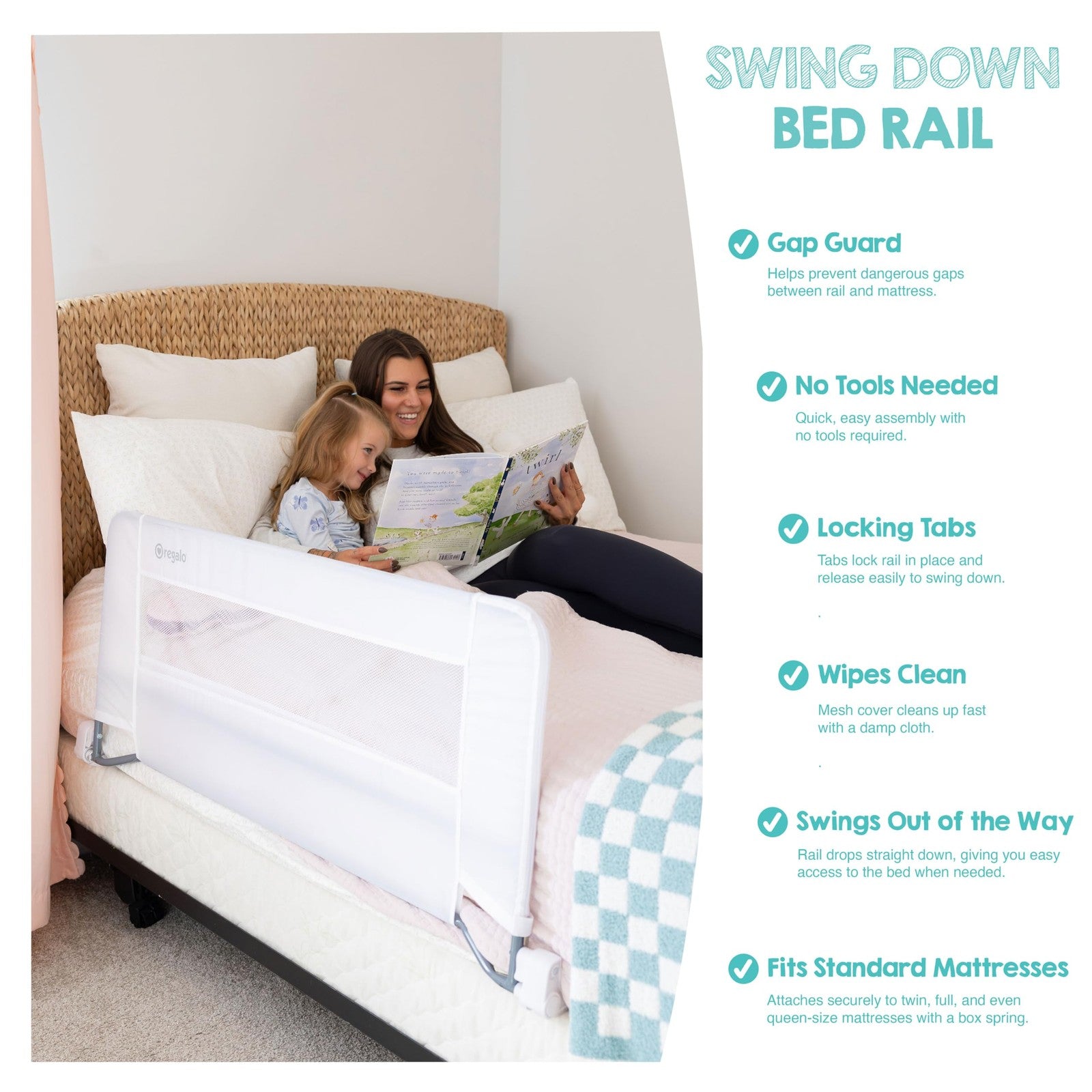 Regalo Toddler Bed Rail Guard 43" Swing Down Safety Rail Twin Full Queen
