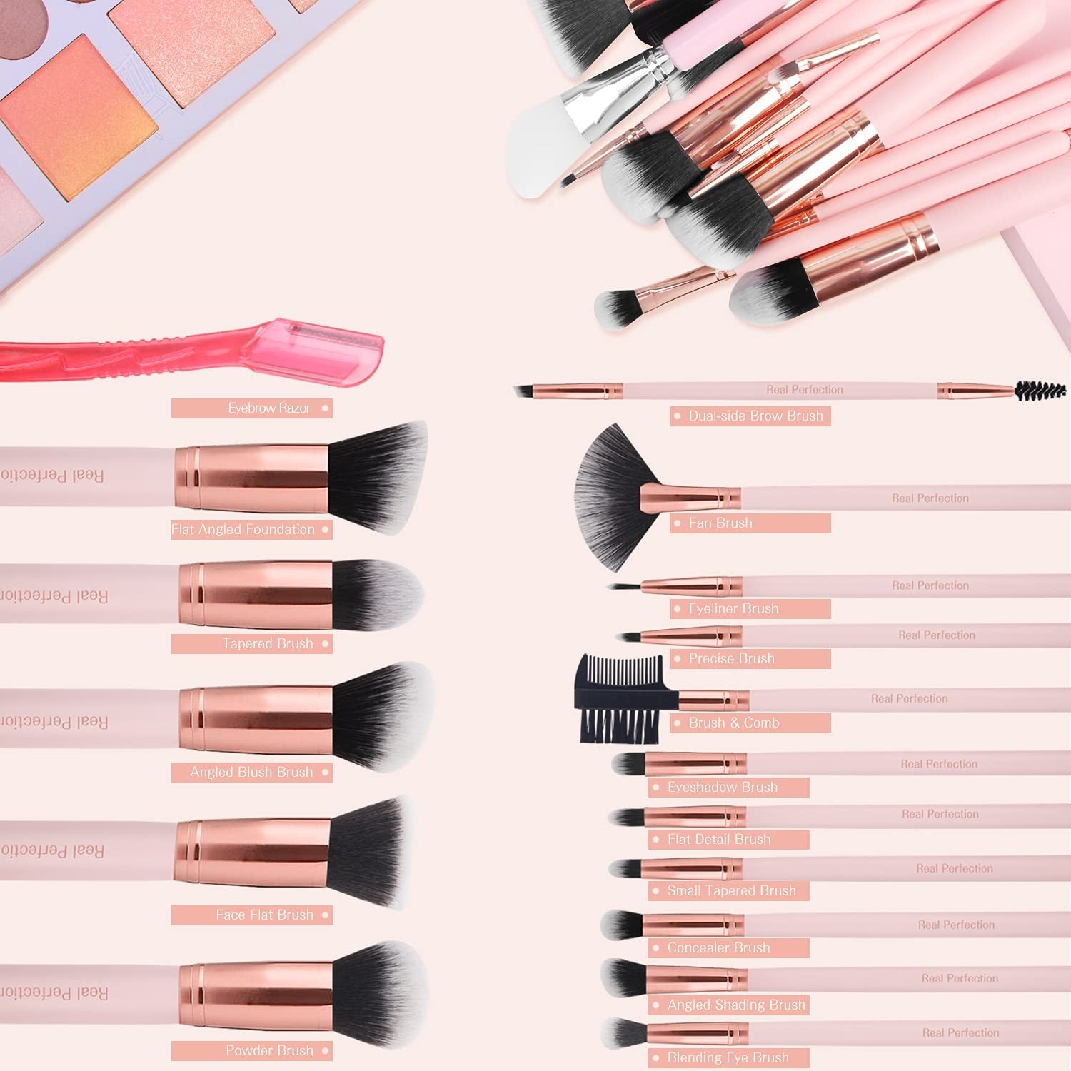 Real Perfection Makeup Brush Set 16 Pcs with 1 Eyebrow Razor Premium Synthetic