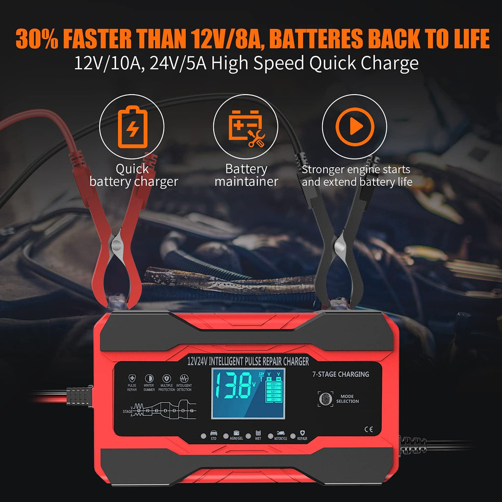YONHAN Battery Charger 10-Amp 12V and 24V Fully-Automatic Smart Car Battery