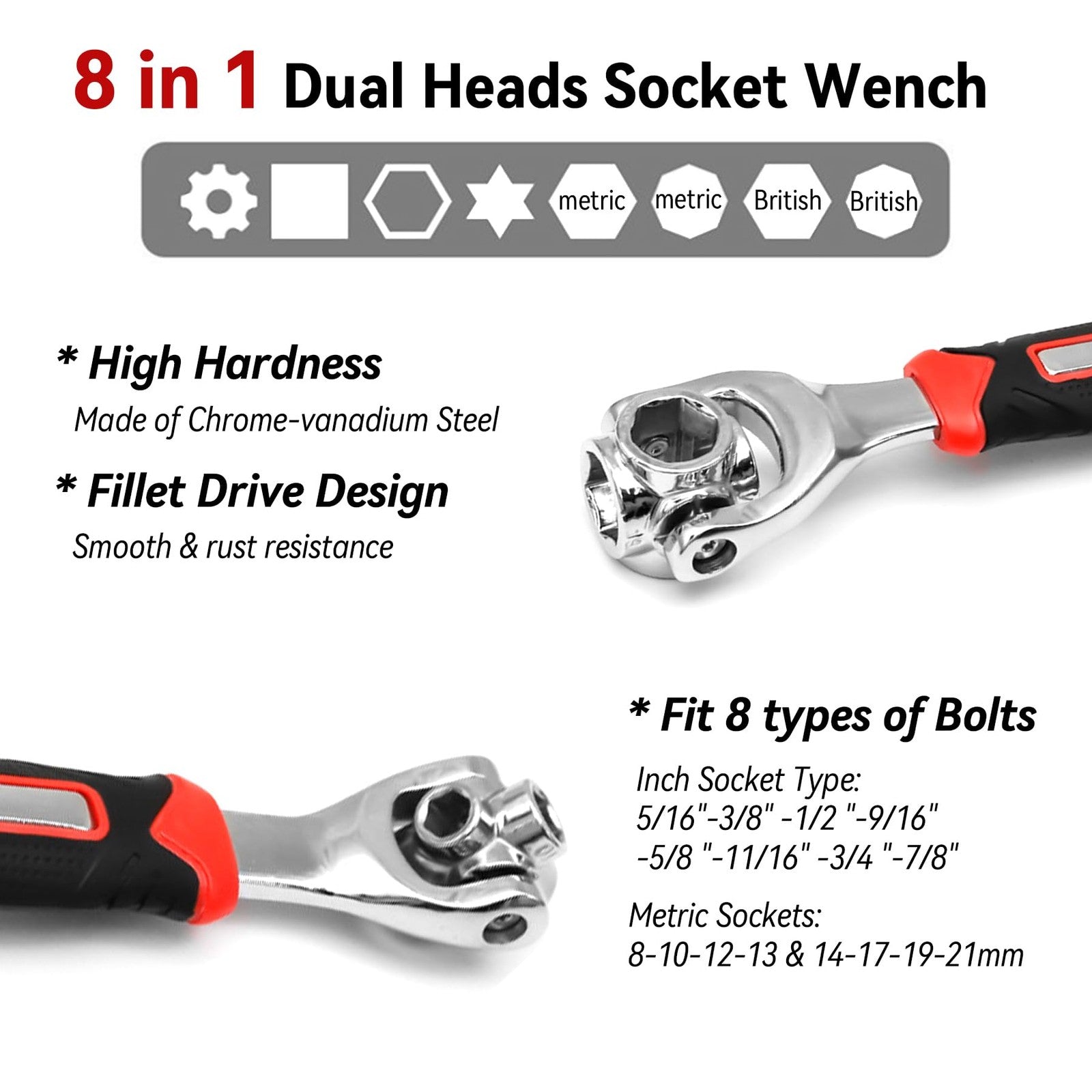 8-in-1 Universal Socket Wrench – 360° Multi-Size Ratchet Tool