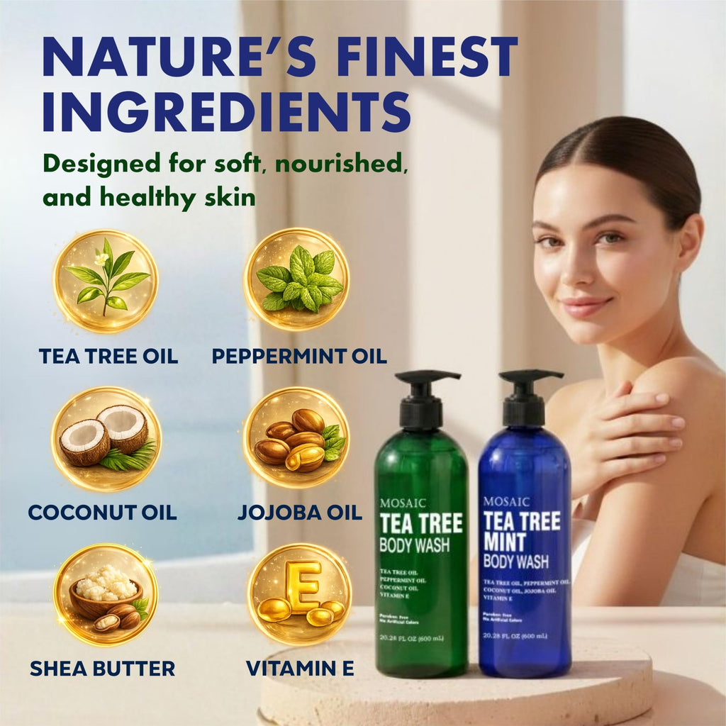 Tea Tree Body Wash with Mint & Shower Gel with Vitamin E for Jock Itch, Eczema,