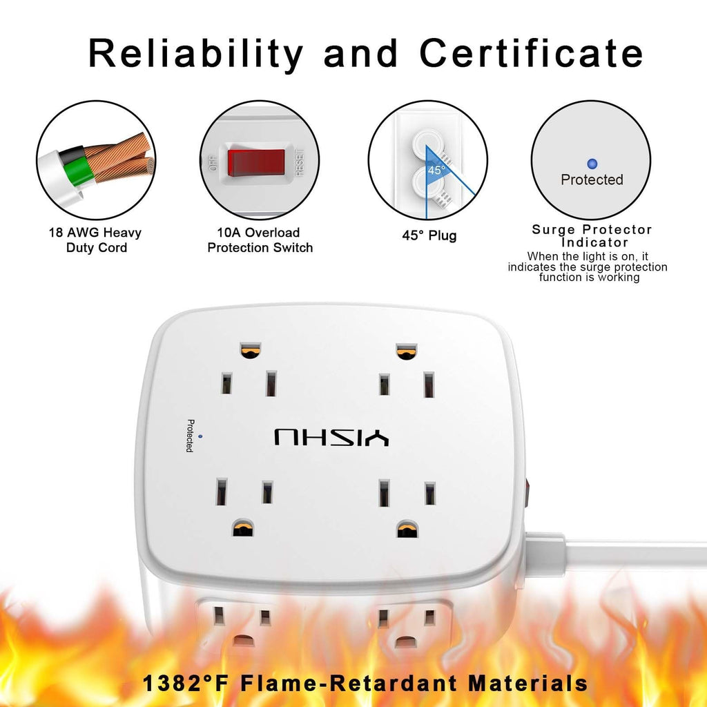 6 Ft Surge Protector Power Strip - 8 Widely Outlets with 4 USB Ports, 3 Side Out