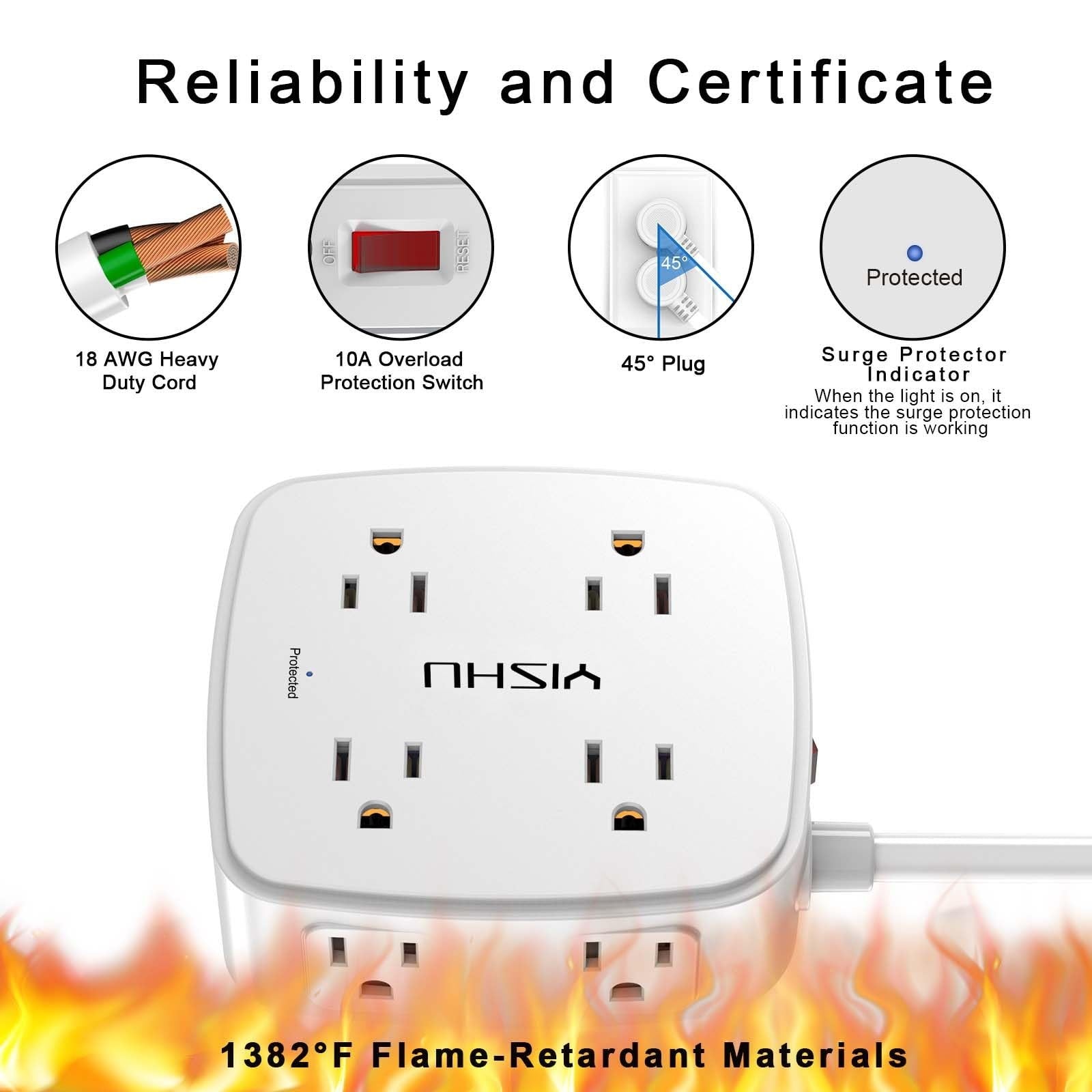 6 Ft Surge Protector Power Strip - 8 Widely Outlets with 4 USB Ports, 3 Side Out