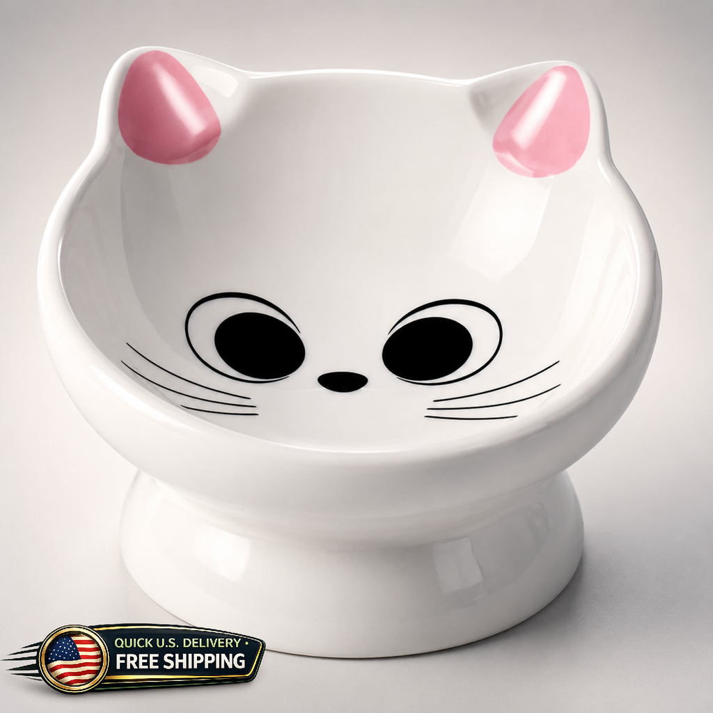 Raised Cat Food Bowl 5oz Ceramic 15° Tilt 5.3in Elevated Pink Kitten Small Dog