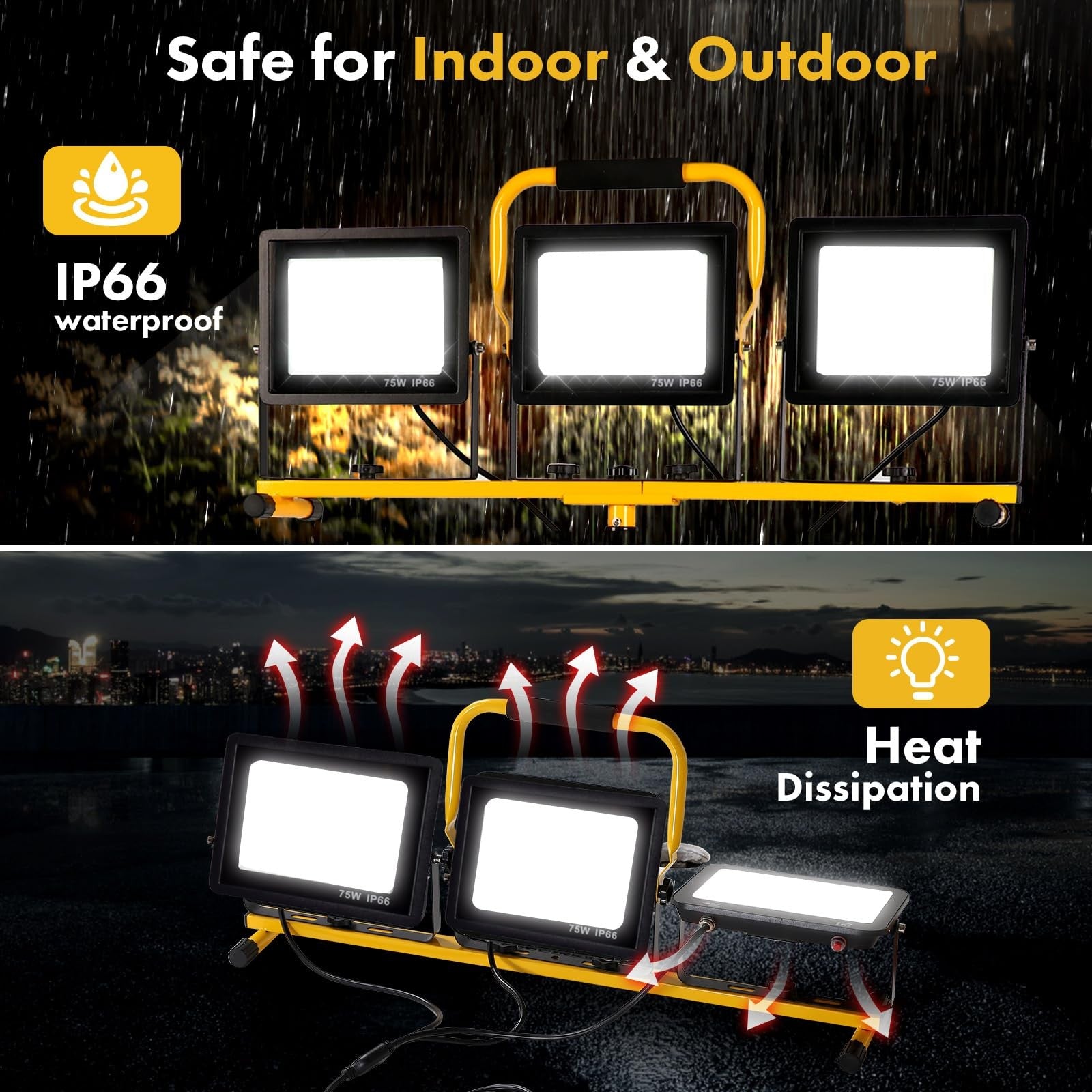 225W LED Work Light w/ Tripod 22500LM 3 Head IP66 Waterproof 16FT Cord