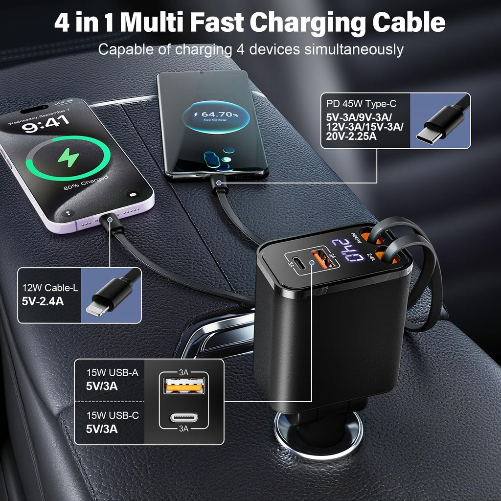 TWYAJYJ Retractable Car Charger USB C 4 in 1 87W Cigarette Lighter Car Phone