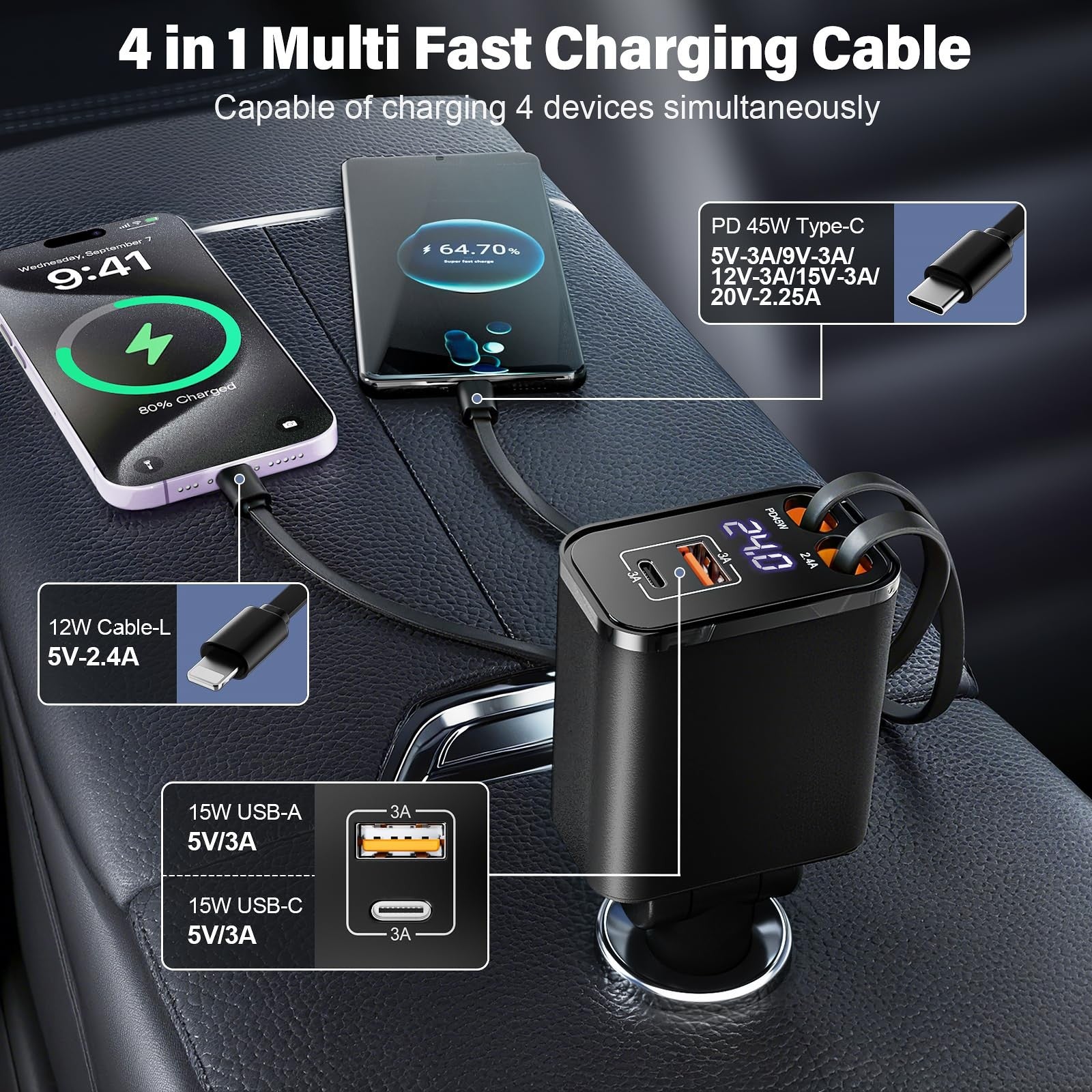 TWYAJYJ Retractable Car Charger USB C 4 in 1 87W Cigarette Lighter Car Phone