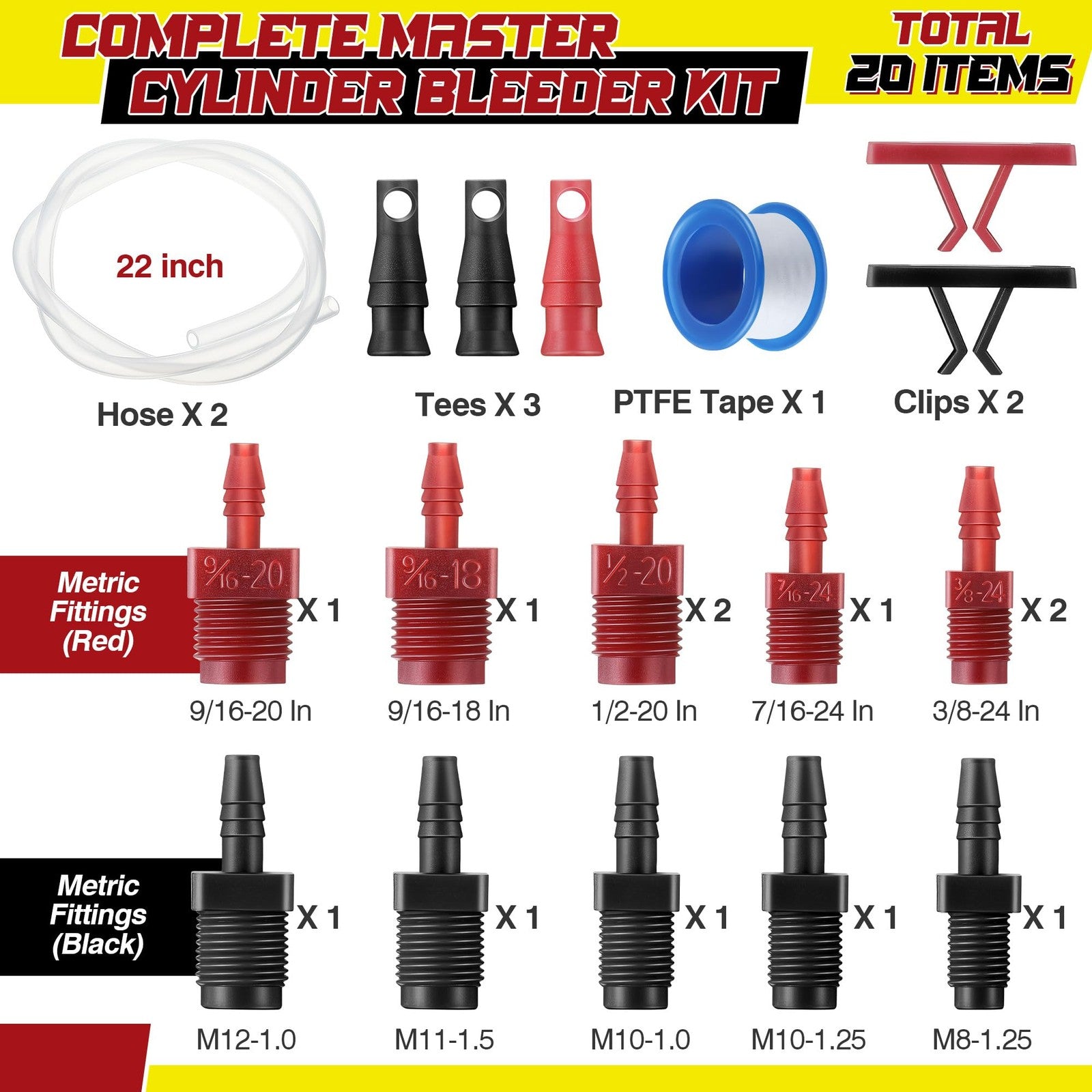 Universal Master Cylinder Brake Bleeder Kit – 20Pc SAE & Metric Fittings