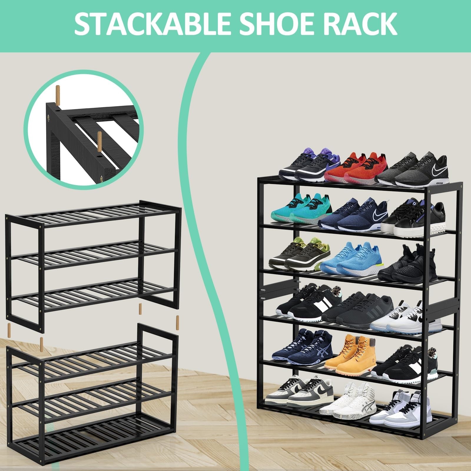 3 Tier Bamboo Shoe Rack for Entryway Closet Hallway Bedroom Garage Stackable