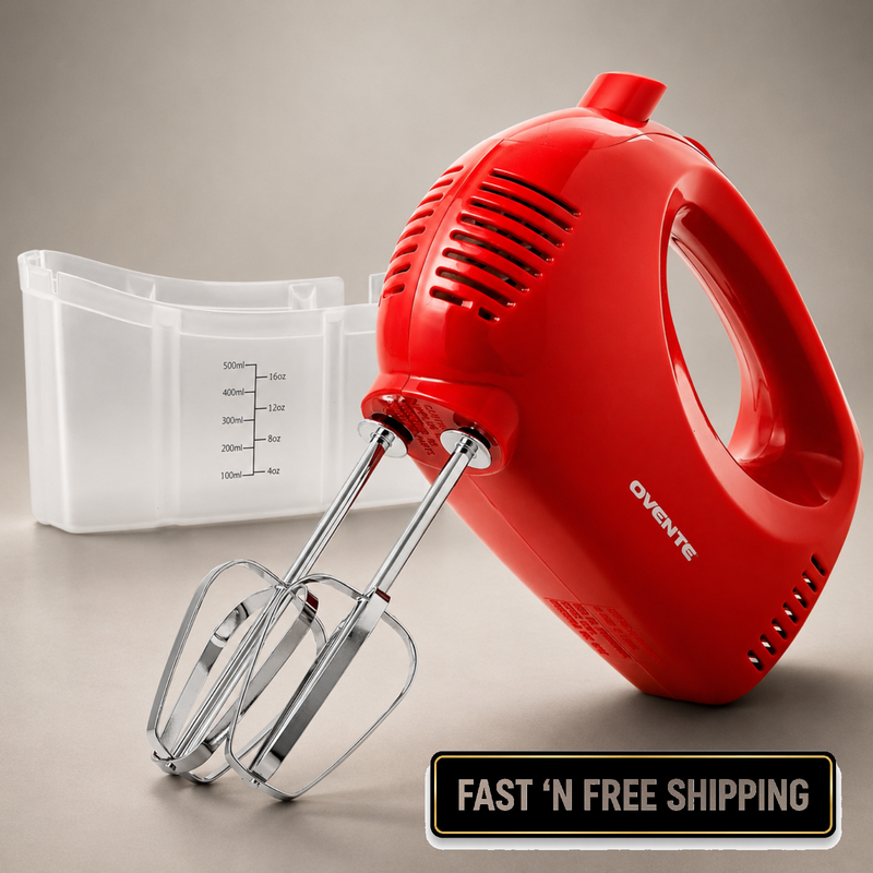 OVENTE 5-Speed Electric Hand Mixer 150W with Storage Case & Whisks Red