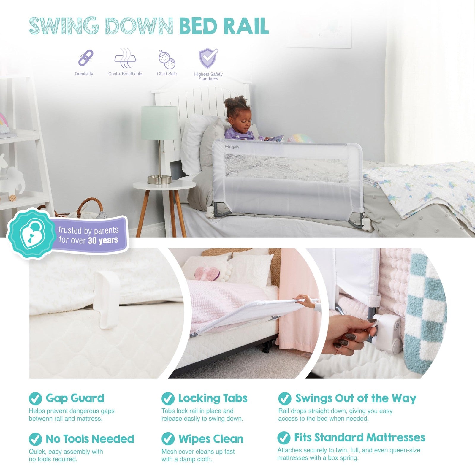 Regalo Toddler Bed Rail Guard 43" Swing Down Safety Rail Twin Full Queen