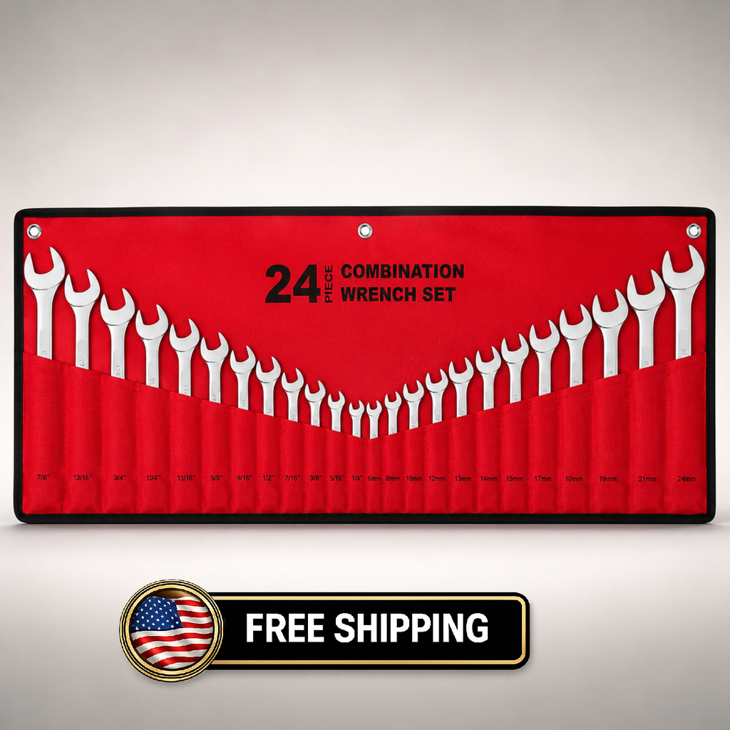 24-Pc SAE & Metric Combination Wrench Set 1/4"-1" & 8-24mm w/ Roll-Up Pouch CR-V
