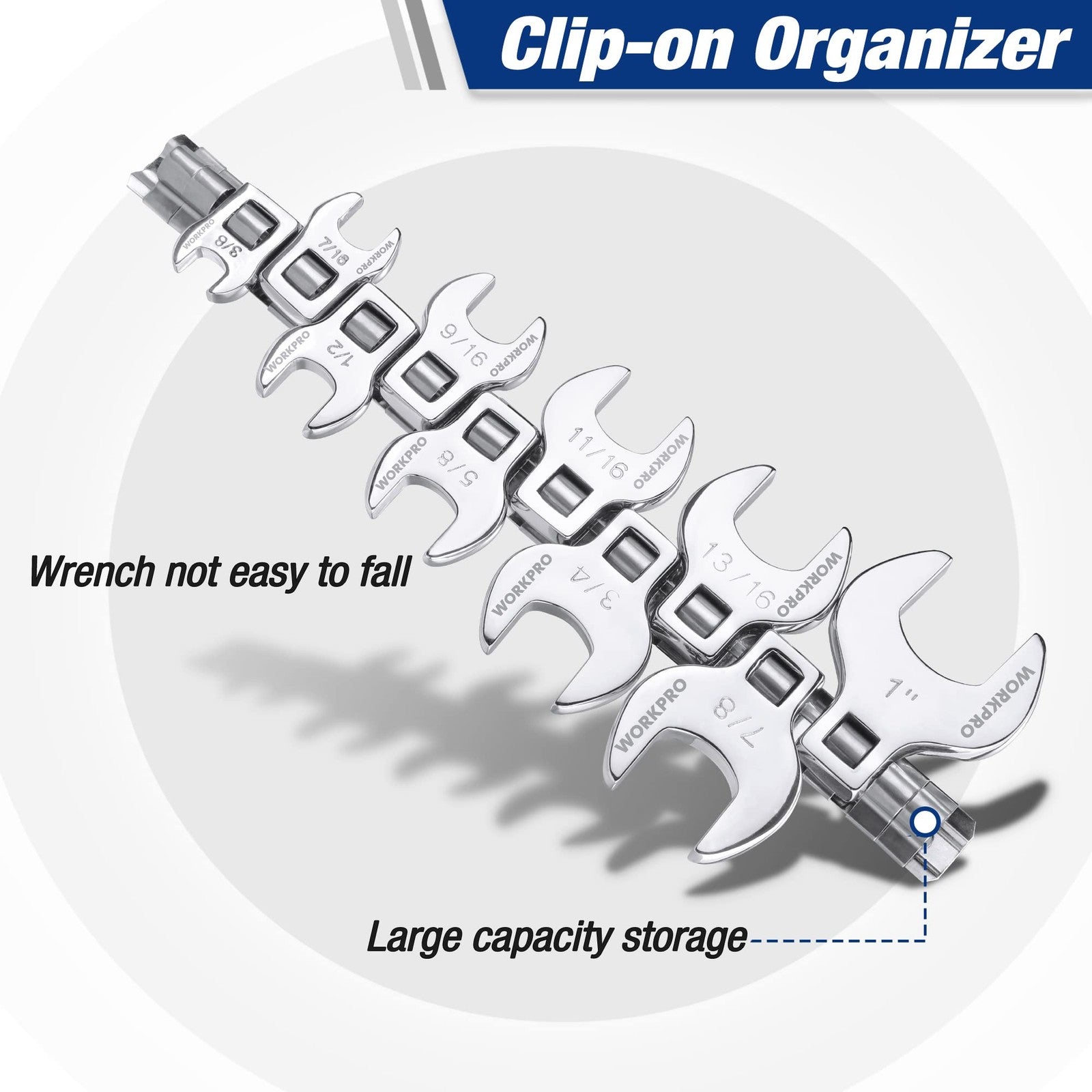 WORKPRO 10-Pc SAE 3/8" Drive Crowfoot Wrench Set 3/8"-1" w/ Clip Organizer