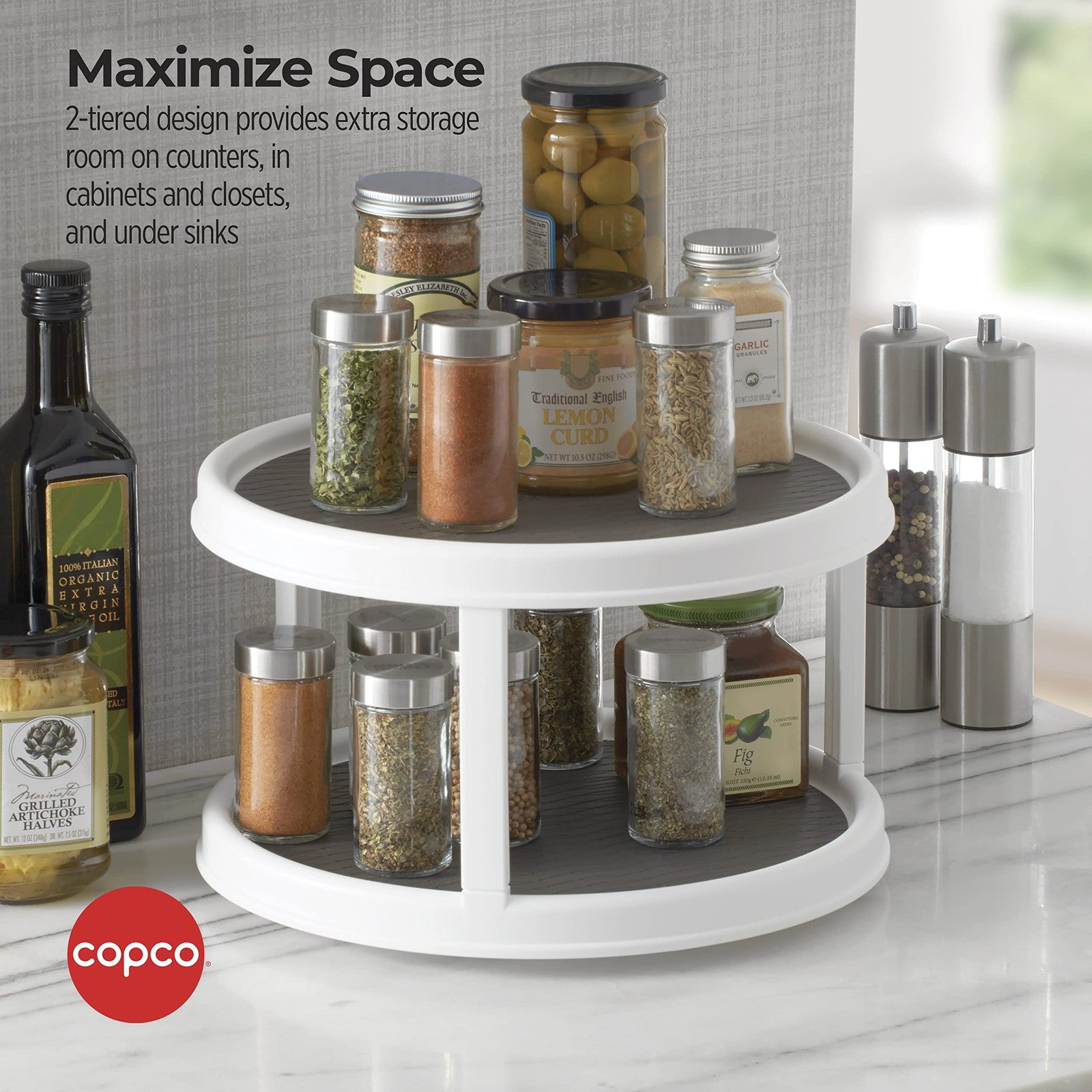 Copco 2-Tier 12" Non-Skid Turntable Lazy Susan Organizer White/Gray 1 Pack