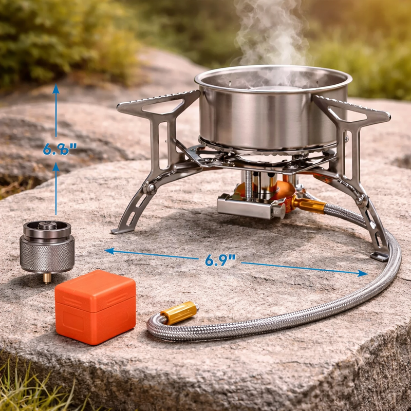 Portable Camping Stove Windproof Piezo Ignition Burner w Adapter Hiking