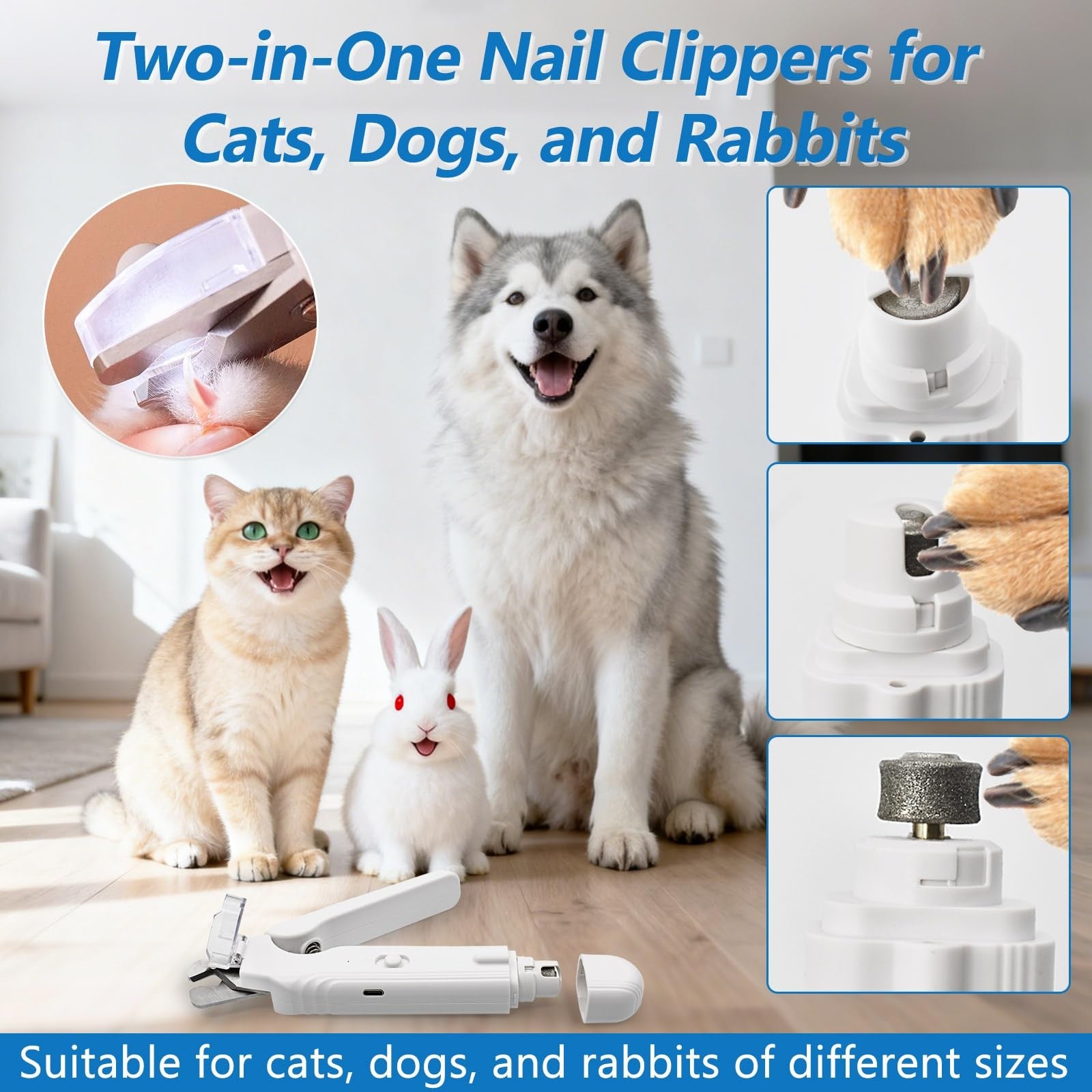 LED Pet Nail Clipper Grinder 2-in-1 Safe Trim Quiet Small Dogs Cat Home Grooming