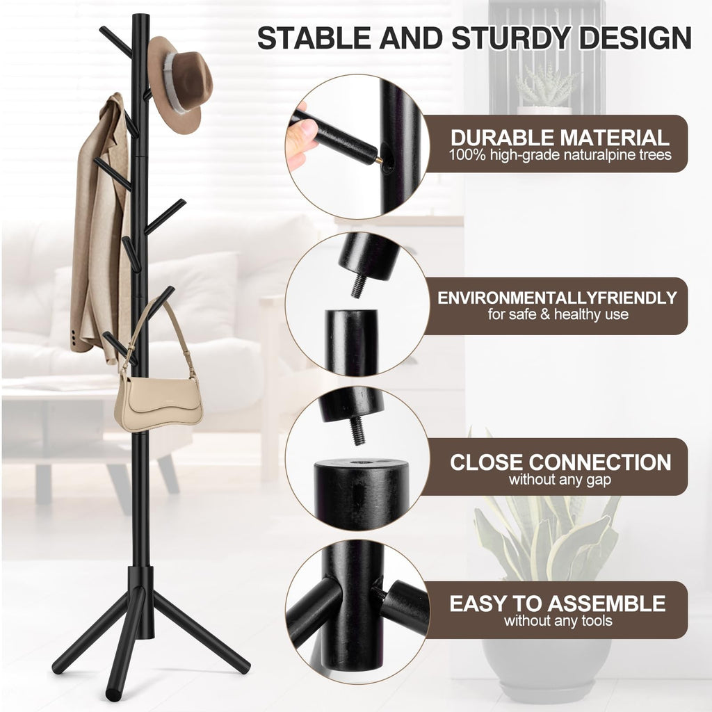 Coat Rack, Freestanding , with 8 Hooks and 3 Adjustable Size Tree Coat Racks