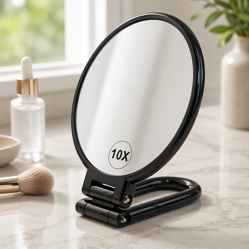 BOOMIBOO Handheld Magnifying Mirror 10X Foldable Travel Makeup Desk Vanity Black