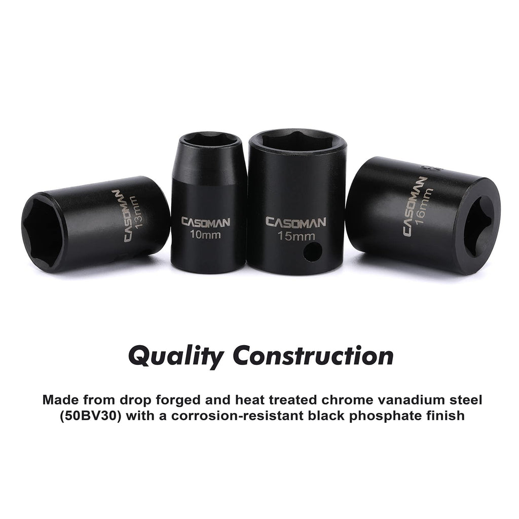 CASOMAN 13 Pieces 3/8-Inch Drive Impact Socket Set  6-Point, Metric, Shallow,