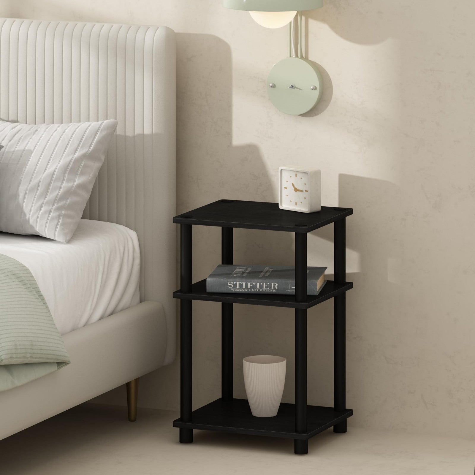 Furinno 3-Tier Nightstand Open Storage End Table Americano Black Plastic Poles