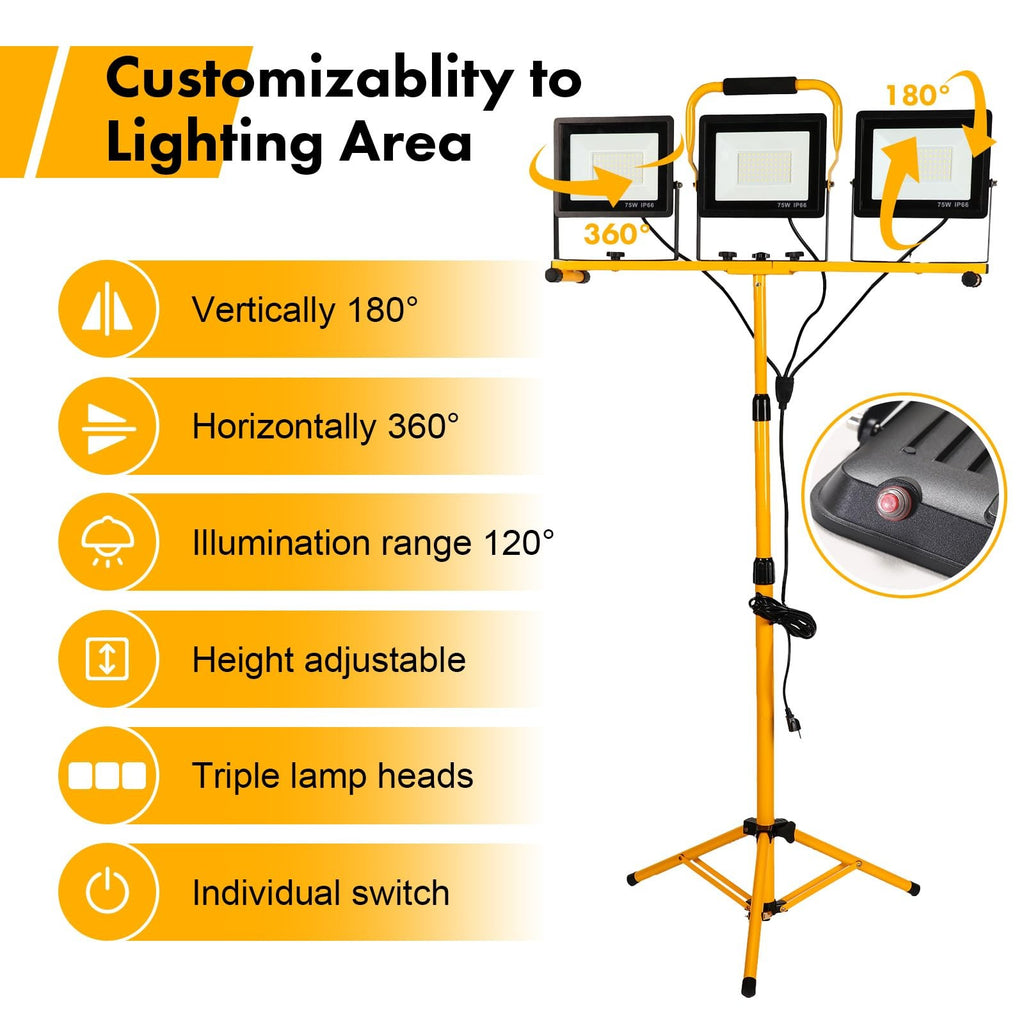 225W LED Work Light w/ Tripod 22500LM 3 Head IP66 Waterproof 16FT Cord