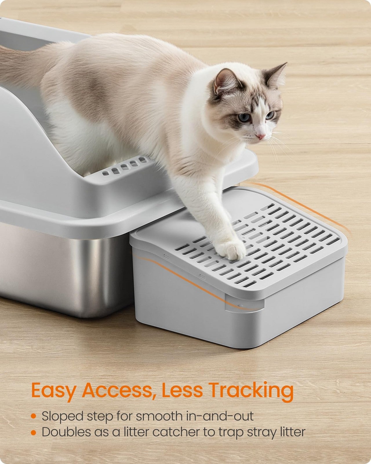 Feandrea Stainless Steel Cat Litter Box with Open Top, High Sided Litter Tray