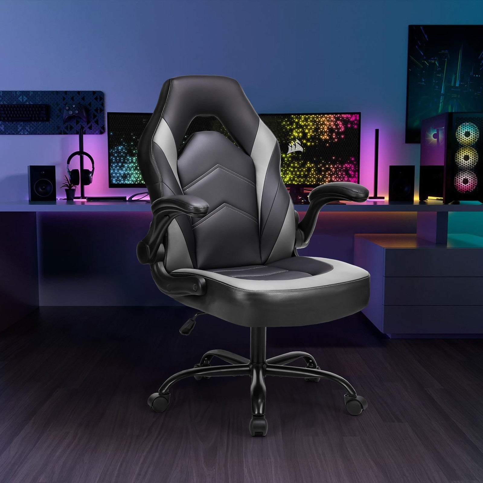 OLIXIS Big & Tall Ergonomic Office Chair PU Leather Flip-Up Arms Home Desk