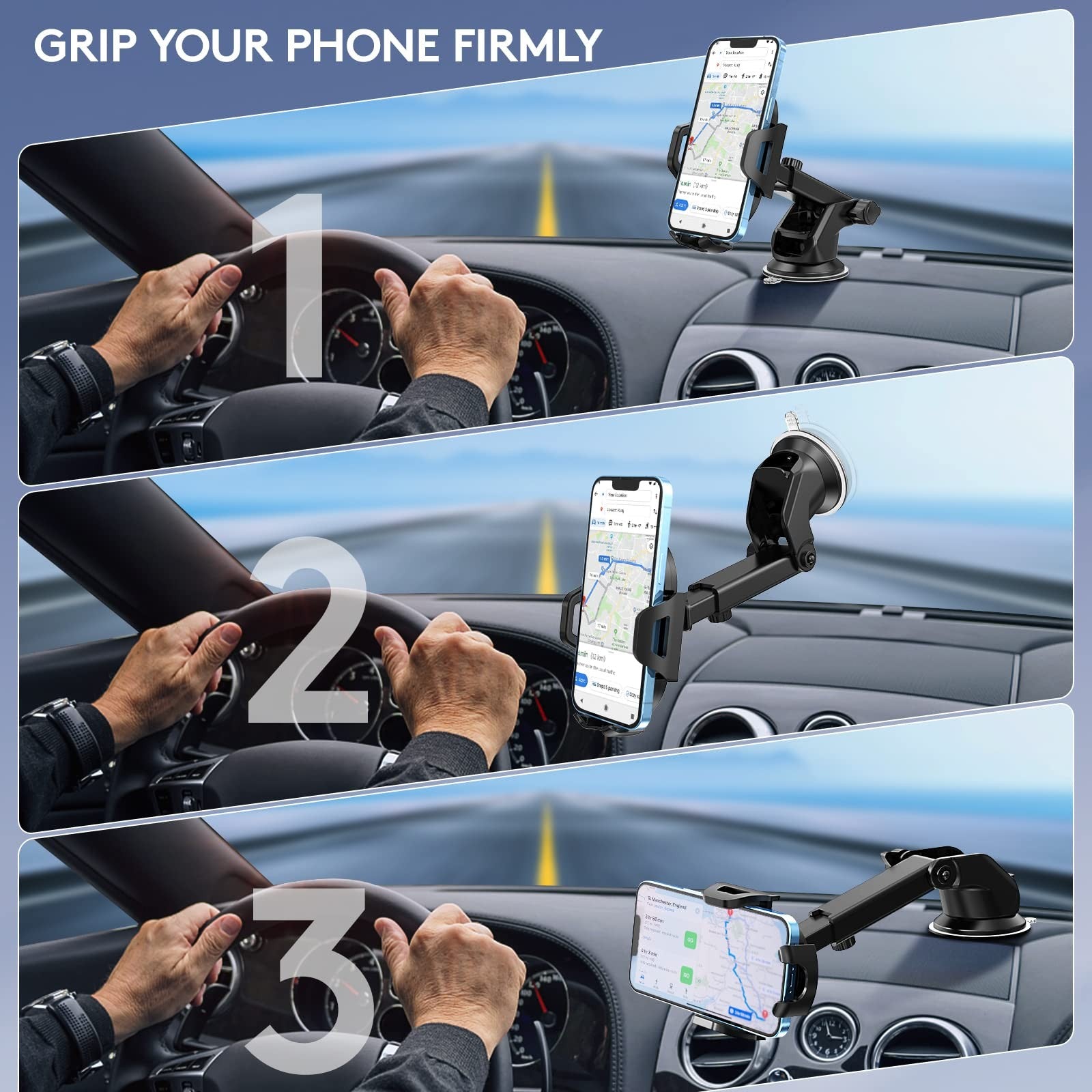 Car Phone Mount Dashboard Windshield Strong Suction Adjustable Fits All Phones