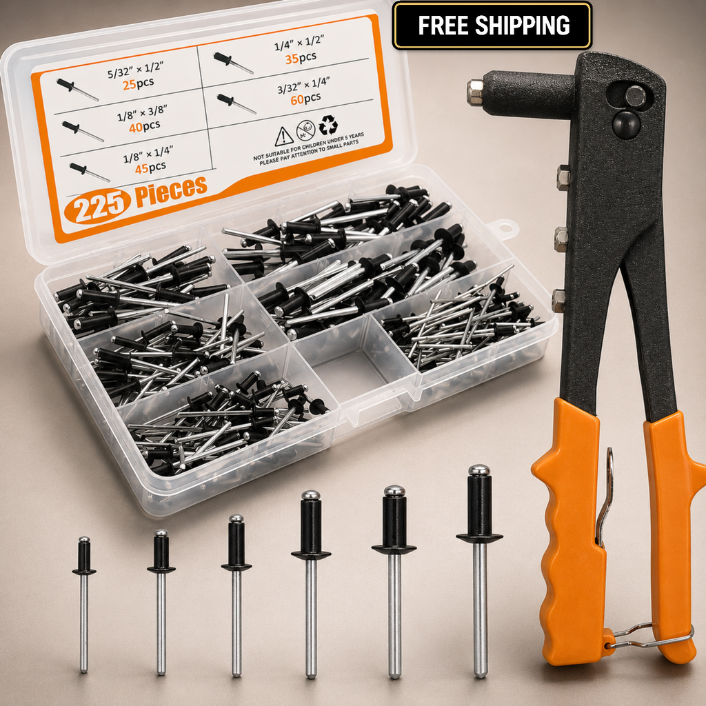 225pc Rivet Gun Kit with Pop Rivets Assortment Heavy Duty Hand Riveter