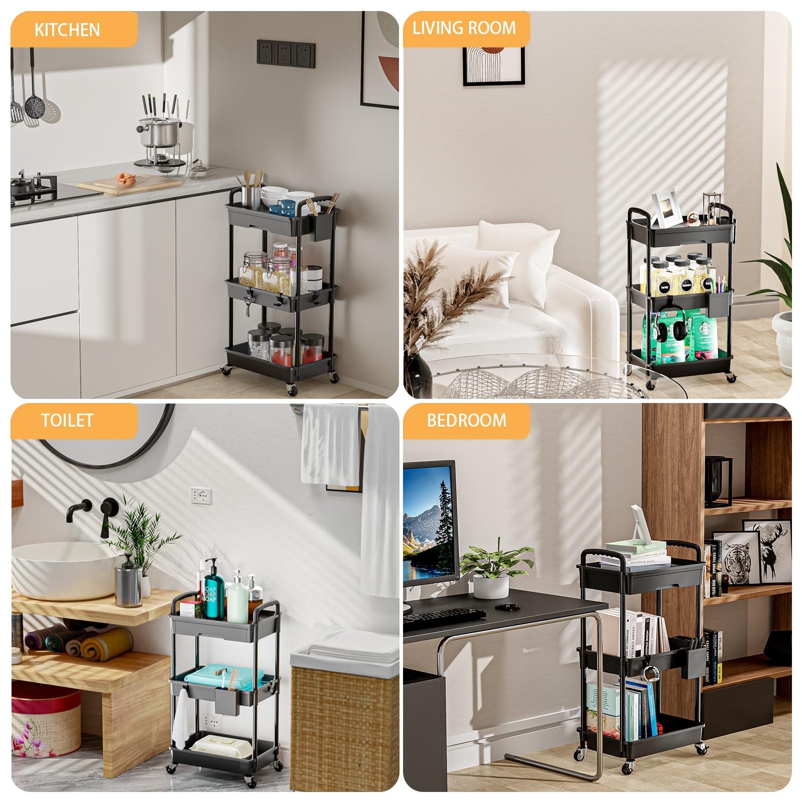 3 Tier Rolling Utility Cart with Drawer, Utility Cart Made for Multifunctional